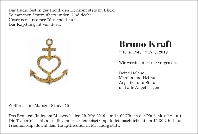  Traueranzeige für Bruno Kraft vom 25.05.2019 aus Wetterauer Zeitung