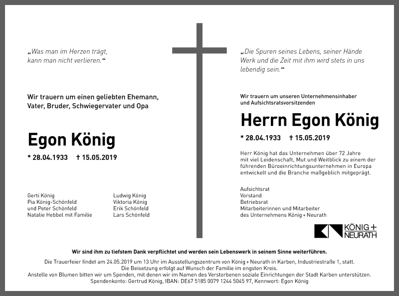  Traueranzeige für Egon König vom 23.05.2019 aus Bad Vilbel/Karben
