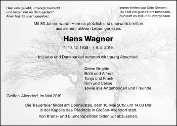 Traueranzeige von Hans Wagner von Giessener Allgemeine, Alsfelder Allgemeine