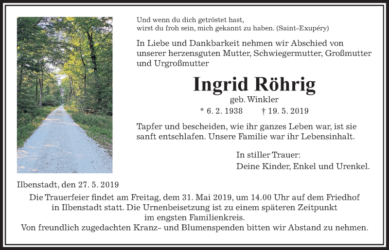 Traueranzeige für Ingrid Röhrig vom 27.05.2019 aus Wetterauer Zeitung