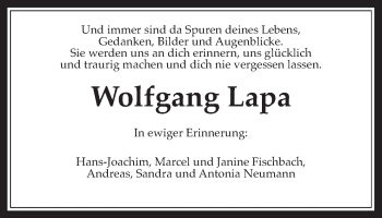 Traueranzeige von Wolfgang Lapa von Wetterauer Zeitung