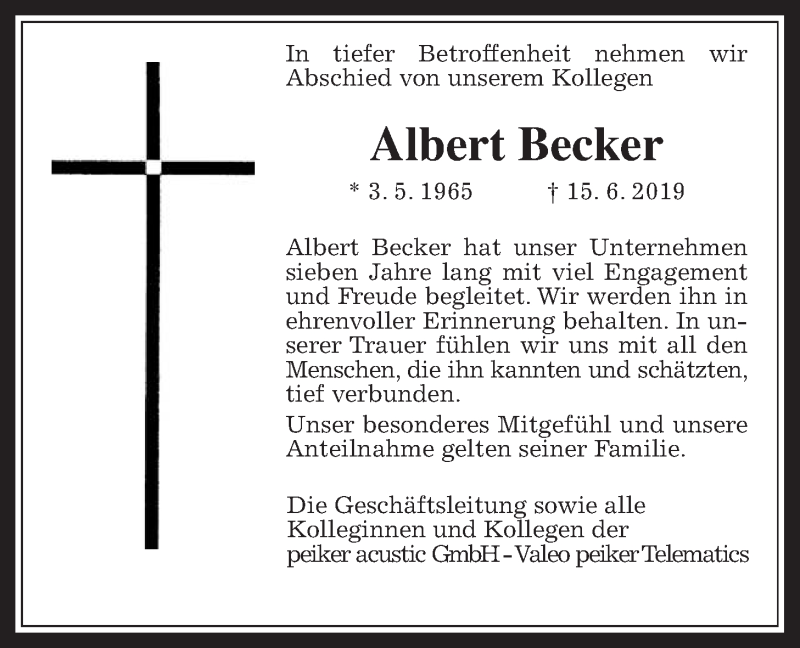  Traueranzeige für Albert Becker vom 25.06.2019 aus Wetterauer Zeitung