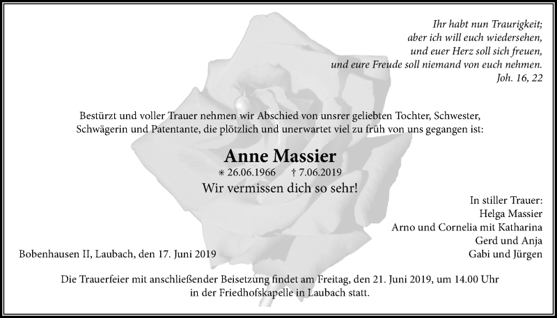  Traueranzeige für Anne Massier vom 18.06.2019 aus Giessener Allgemeine, Alsfelder Allgemeine