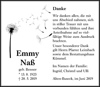 Traueranzeige von Emmy Naß von Giessener Allgemeine, Alsfelder Allgemeine