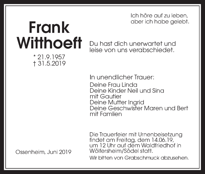  Traueranzeige für Frank Witthoeft vom 08.06.2019 aus Wetterauer Zeitung