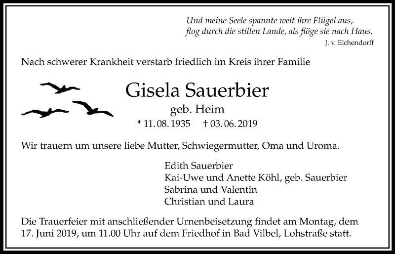 Traueranzeige für Gisela Sauerbier vom 13.06.2019 aus Bad Vilbel/Karben