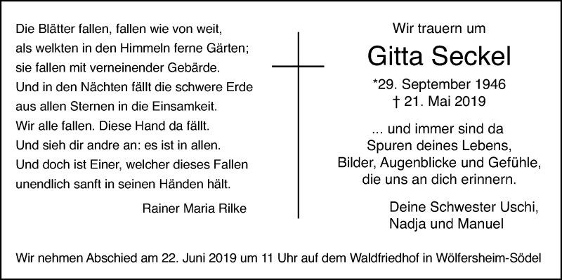  Traueranzeige für Gitta Seckel vom 15.06.2019 aus Wetterauer Zeitung