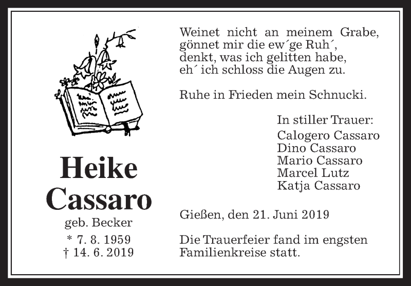  Traueranzeige für Heike Cassaro vom 21.06.2019 aus Giessener Allgemeine, Alsfelder Allgemeine