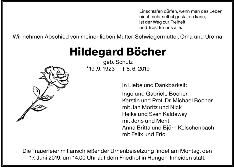  Traueranzeige für Hildegard Böcher vom 14.06.2019 aus Giessener Allgemeine, Alsfelder Allgemeine