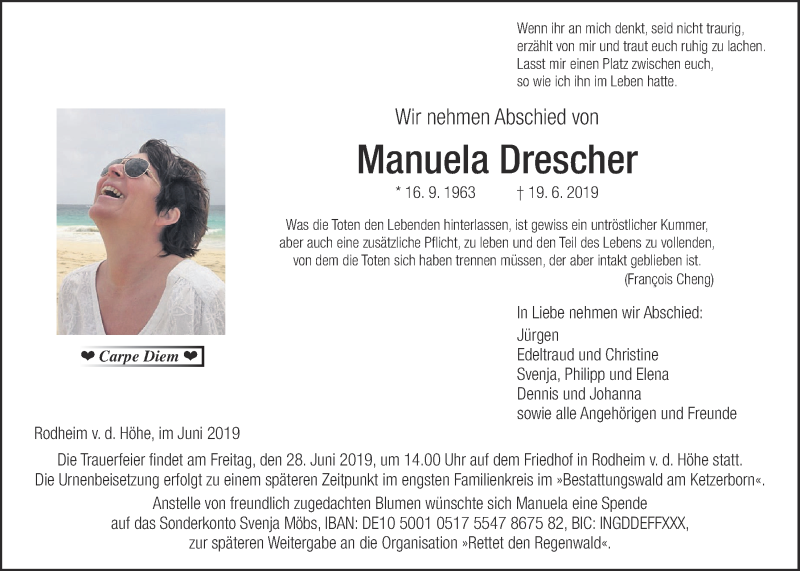  Traueranzeige für Manuela Drescher vom 26.06.2019 aus Wetterauer Zeitung
