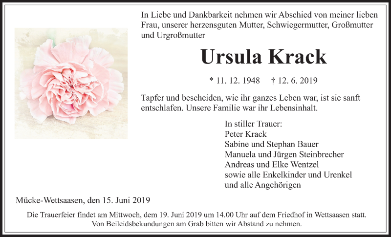  Traueranzeige für Ursula Krack vom 15.06.2019 aus Alsfelder Allgemeine