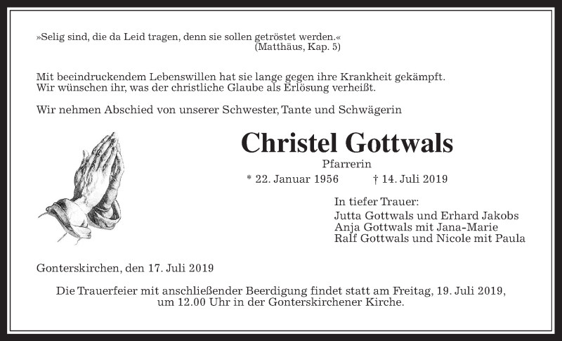  Traueranzeige für Christel Gottwals vom 17.07.2019 aus Giessener Allgemeine, Alsfelder Allgemeine