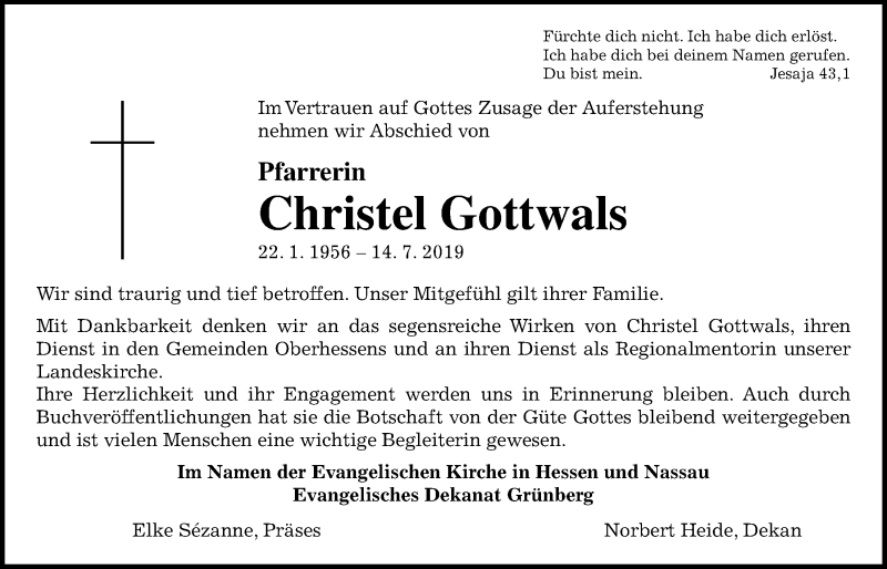  Traueranzeige für Christel Gottwals vom 20.07.2019 aus Giessener Allgemeine, Alsfelder Allgemeine