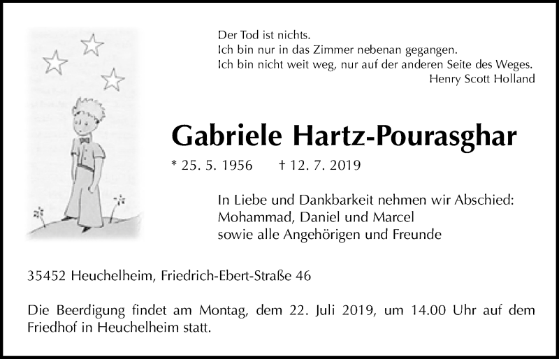  Traueranzeige für Gabriele Hartz-Pourasghar vom 18.07.2019 aus Giessener Allgemeine, Alsfelder Allgemeine