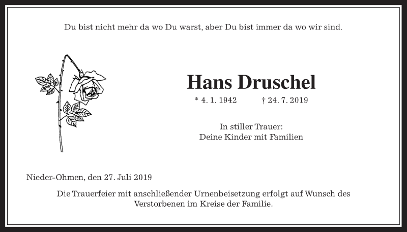  Traueranzeige für Hans Druschel vom 27.07.2019 aus Alsfelder Allgemeine