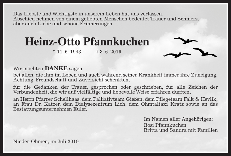  Traueranzeige für Heinz-Otto Pfannkuchen vom 06.07.2019 aus Alsfelder Allgemeine