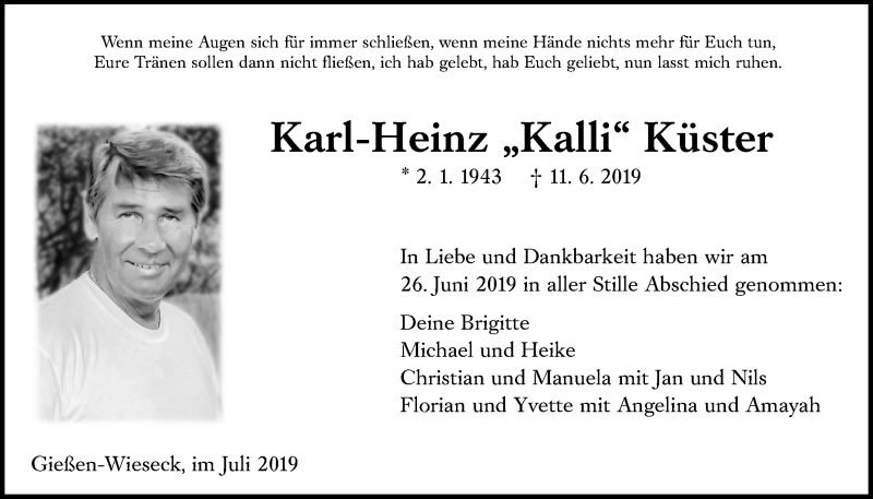  Traueranzeige für Karl-Heinz Küster vom 06.07.2019 aus Giessener Allgemeine, Alsfelder Allgemeine