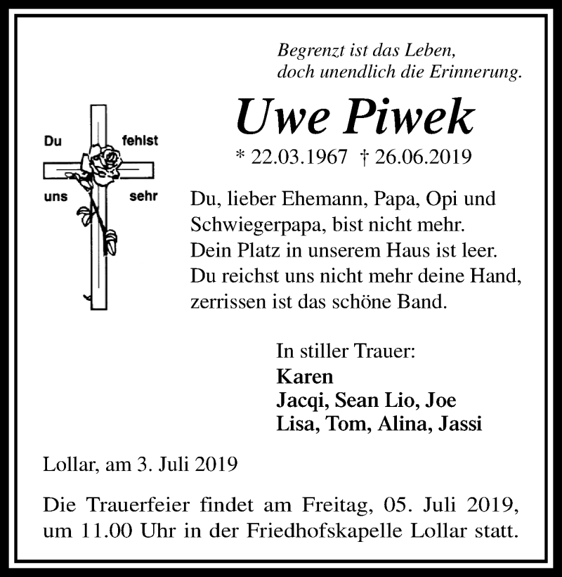  Traueranzeige für Uwe Piwek vom 03.07.2019 aus Giessener Allgemeine, Alsfelder Allgemeine