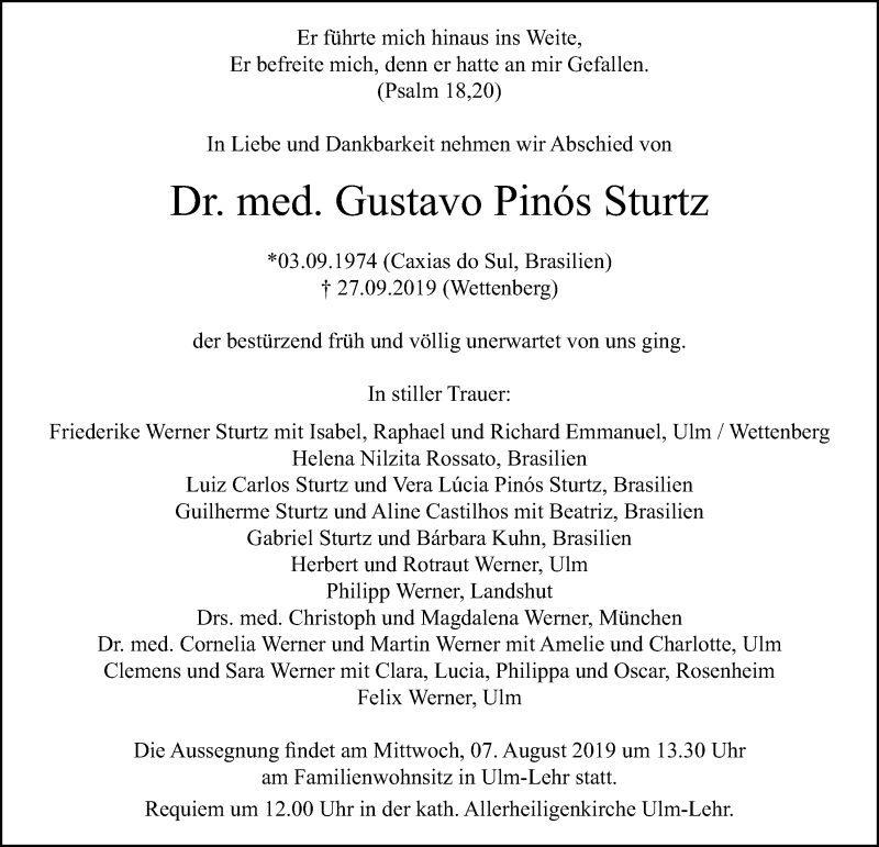  Traueranzeige für Gustavo Pinos Sturtz vom 03.08.2019 aus Giessener Allgemeine, Alsfelder Allgemeine