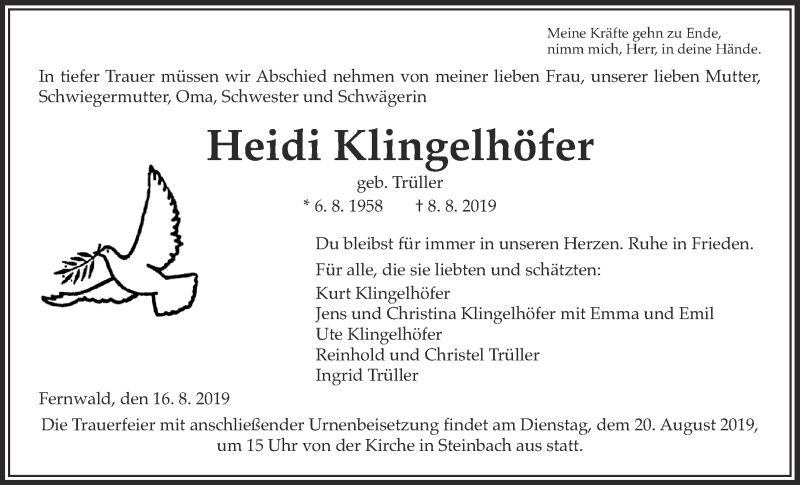  Traueranzeige für Heidi Klingelhöfer vom 16.08.2019 aus Giessener Allgemeine, Alsfelder Allgemeine