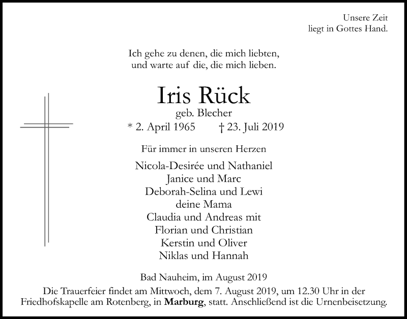  Traueranzeige für Iris Rück vom 03.08.2019 aus Wetterauer Zeitung