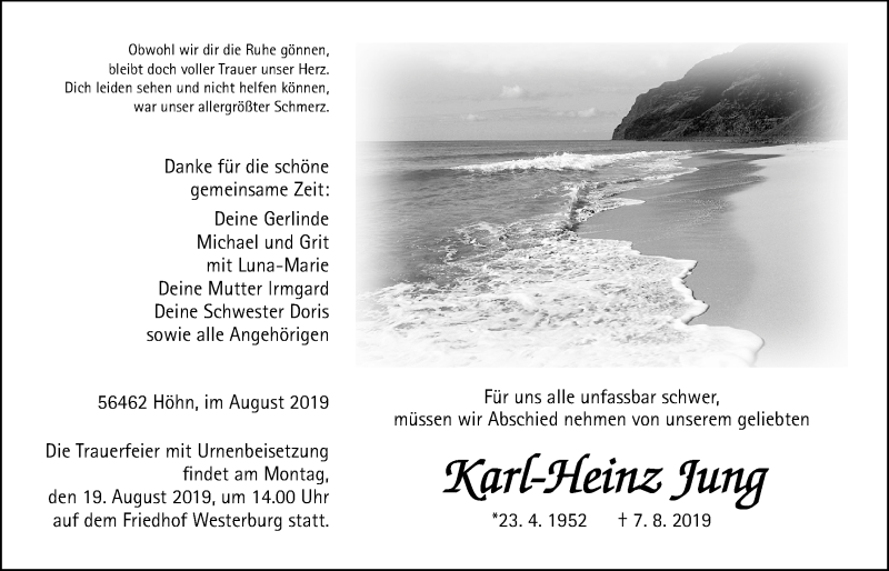  Traueranzeige für Karl-Heinz Jung vom 15.08.2019 aus Licher Wochenblatt