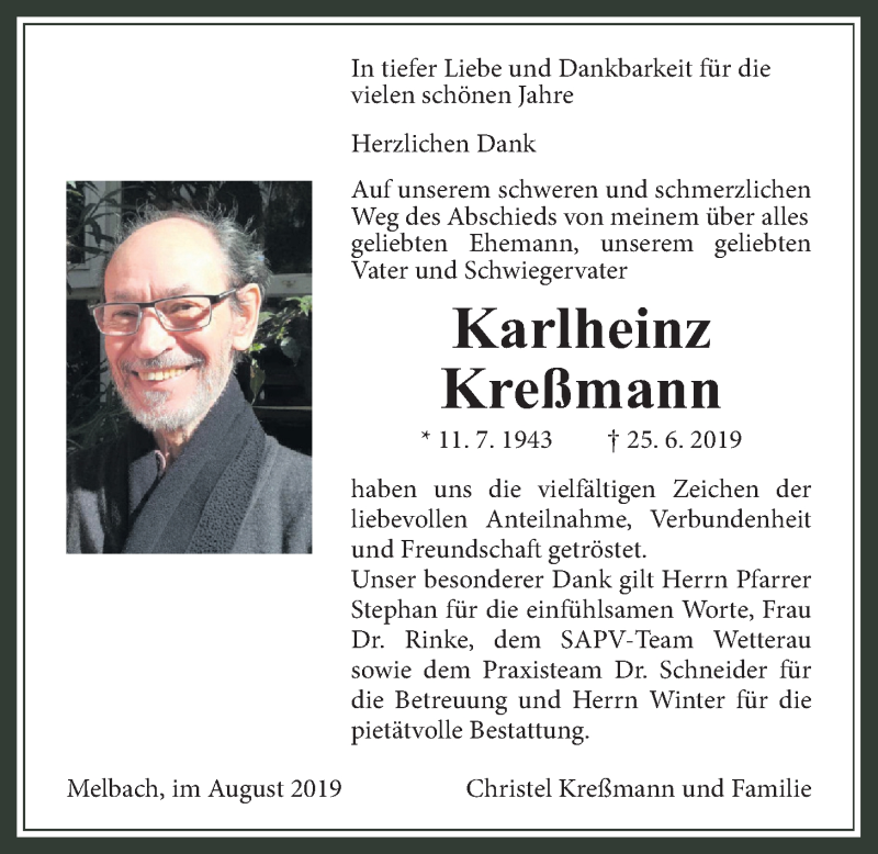  Traueranzeige für Karlheinz Kreßmann vom 03.08.2019 aus Wetterauer Zeitung