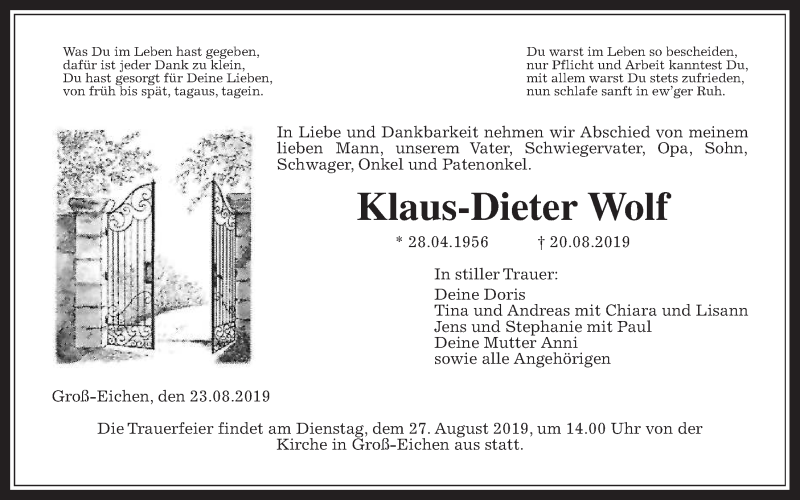  Traueranzeige für Klaus-Dieter Wolf vom 23.08.2019 aus Giessener Allgemeine, Alsfelder Allgemeine