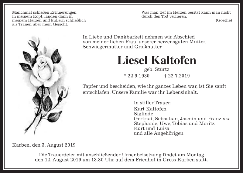  Traueranzeige für Liesel Kaltofen vom 03.08.2019 aus Wetterauer Zeitung