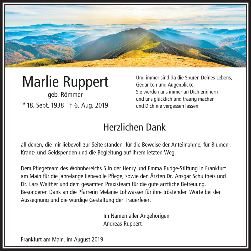  Traueranzeige für Marlie Ruppert vom 29.08.2019 aus Bad Vilbel/Karben