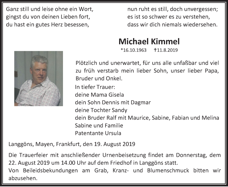  Traueranzeige für Michael Kimmel vom 19.08.2019 aus Giessener Allgemeine, Alsfelder Allgemeine