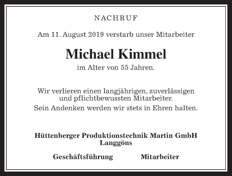  Traueranzeige für Michael Kimmel vom 20.08.2019 aus Giessener Allgemeine, Alsfelder Allgemeine