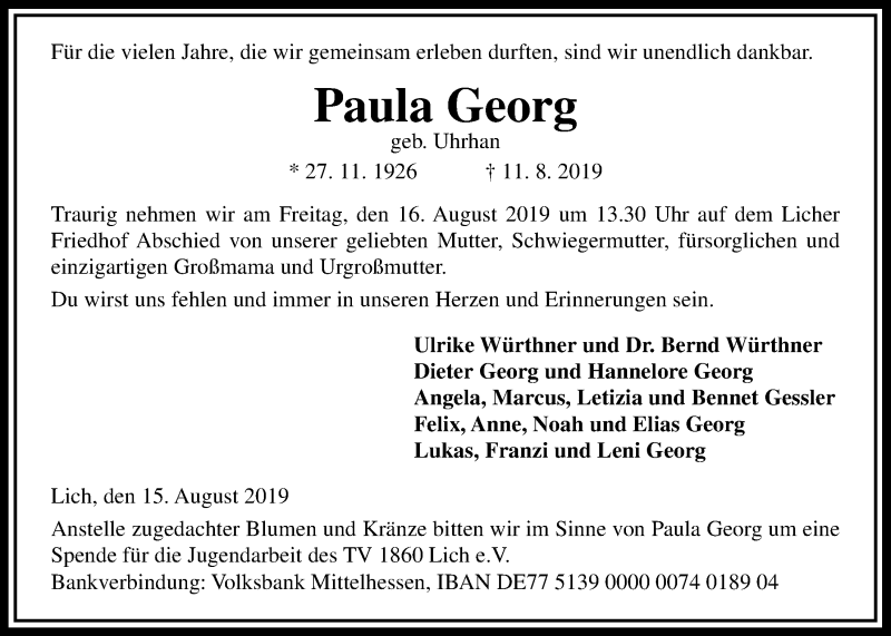  Traueranzeige für Paula Georg vom 15.08.2019 aus Licher Wochenblatt