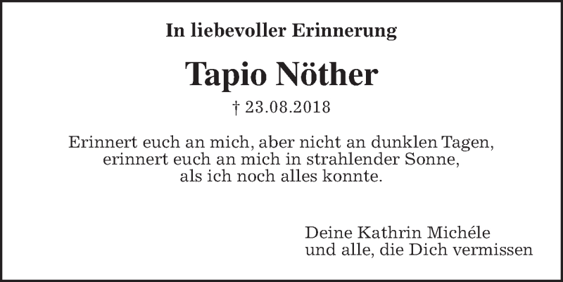  Traueranzeige für Tapio Nöther vom 23.08.2019 aus Wetterauer Zeitung