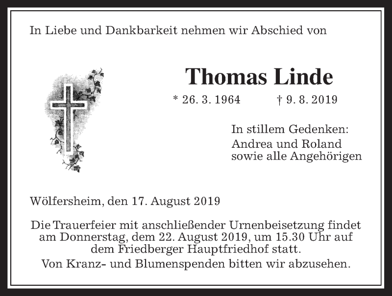  Traueranzeige für Thomas Linde vom 17.08.2019 aus Wetterauer Zeitung