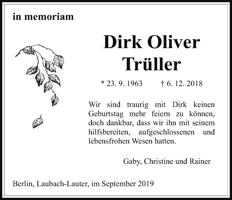  Traueranzeige für Dirk Oliver Trüller vom 23.09.2019 aus Giessener Allgemeine, Alsfelder Allgemeine
