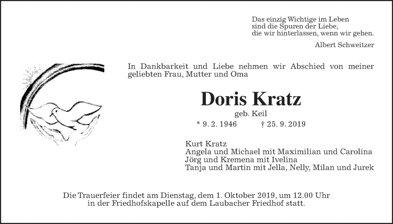  Traueranzeige für Doris Kratz vom 28.09.2019 aus Giessener Allgemeine, Alsfelder Allgemeine
