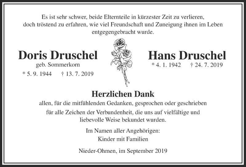  Traueranzeige für Hans Druschel vom 07.09.2019 aus Alsfelder Allgemeine