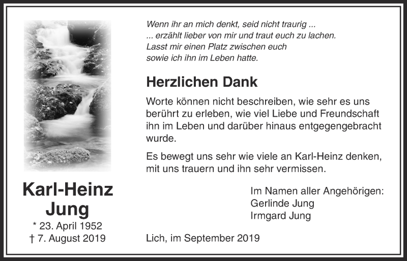  Traueranzeige für Karl-Heinz Jung vom 05.09.2019 aus Licher Wochenblatt