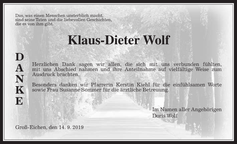  Traueranzeige für Klaus-Dieter Wolf vom 14.09.2019 aus Giessener Allgemeine, Alsfelder Allgemeine