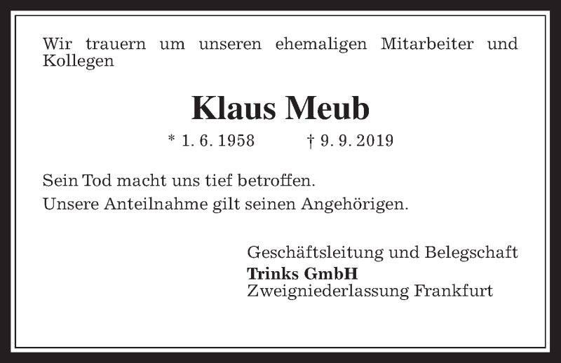  Traueranzeige für Klaus Meub vom 14.09.2019 aus Wetterauer Zeitung