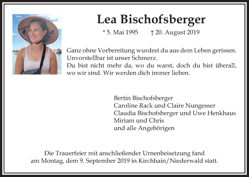 Traueranzeige für Lea Bischofsberger vom 21.09.2019 aus Wetterauer Zeitung