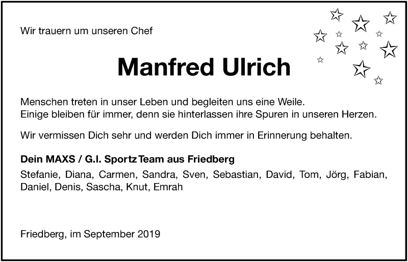  Traueranzeige für Manfred Ulrich vom 14.09.2019 aus Wetterauer Zeitung