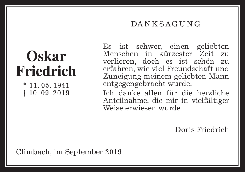  Traueranzeige für Oskar Friedrich vom 28.09.2019 aus Giessener Allgemeine, Alsfelder Allgemeine