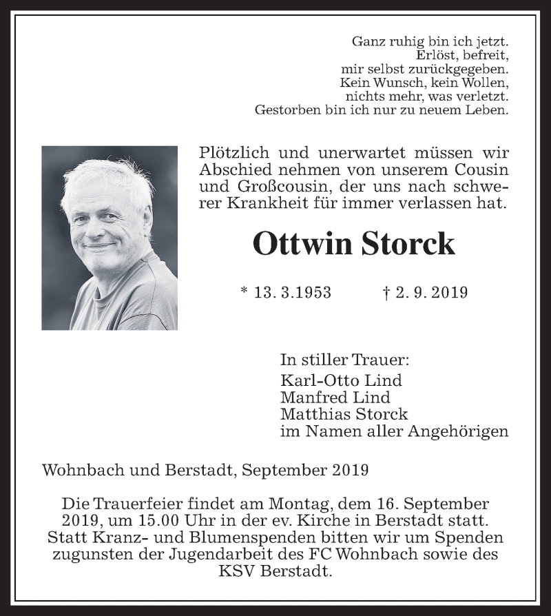  Traueranzeige für Ottwin Storck vom 11.09.2019 aus Wetterauer Zeitung