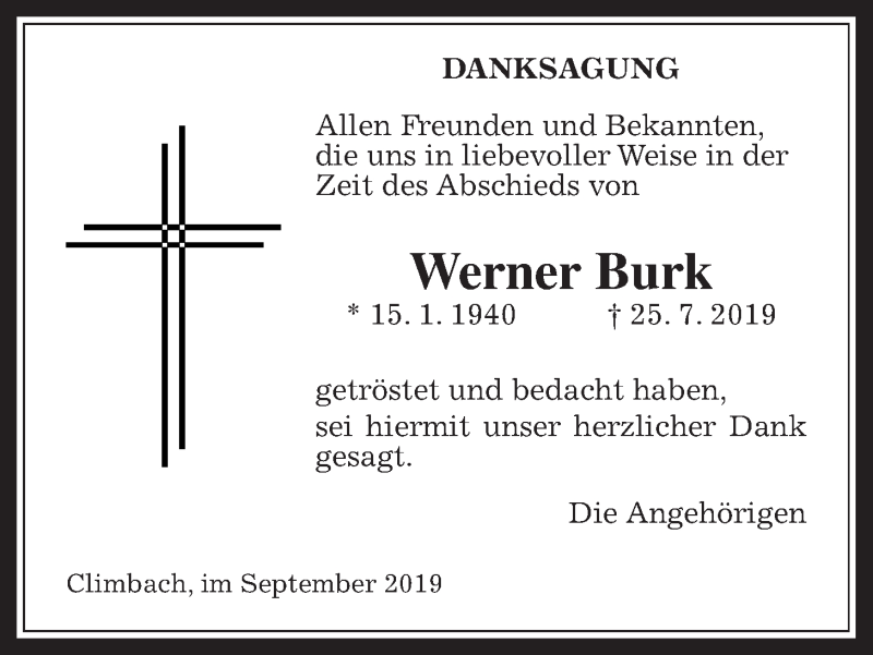  Traueranzeige für Werner Burk vom 19.09.2019 aus Allendorfer Mitteilungen