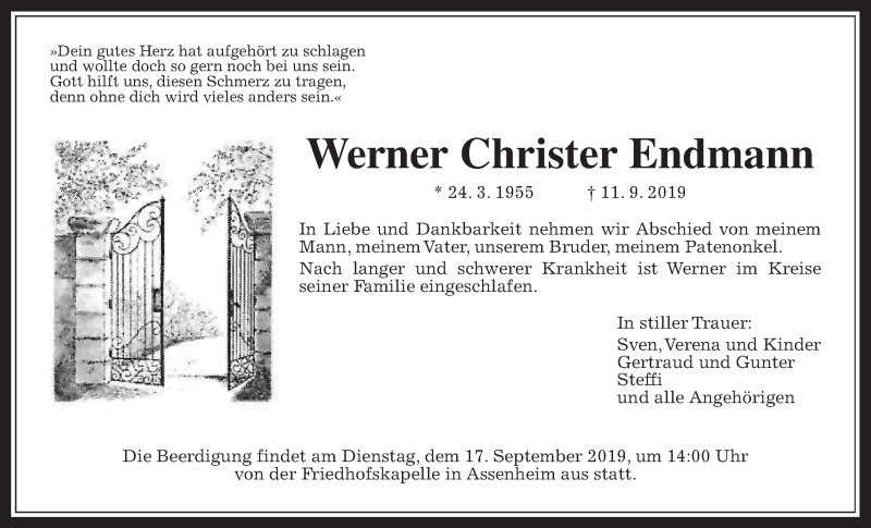  Traueranzeige für Werner Christer Endmann vom 14.09.2019 aus Wetterauer Zeitung