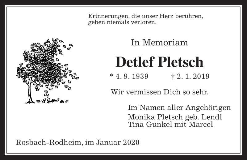 Traueranzeige für Detlef Pletsch vom 02.01.2020 aus Wetterauer Zeitung