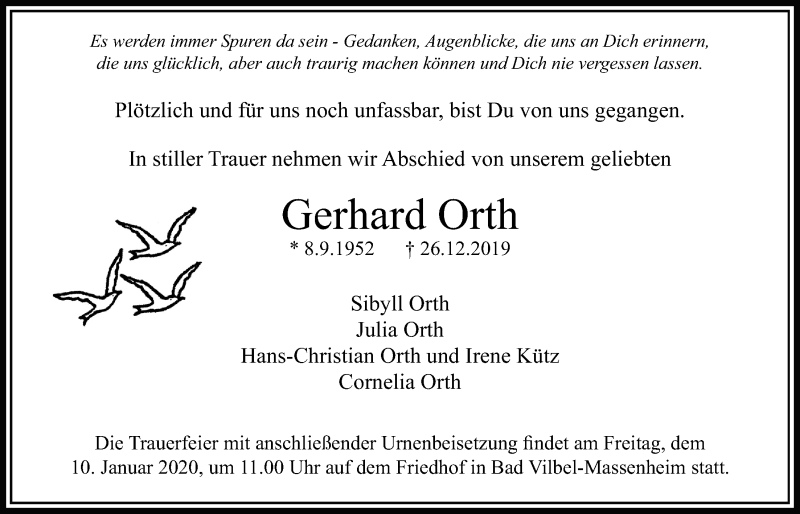  Traueranzeige für Gerhard Orth vom 02.01.2020 aus Bad Vilbel/Karben