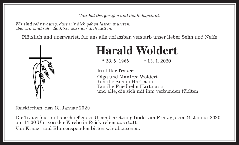  Traueranzeige für Harald Woldert vom 18.01.2020 aus Wetterauer Zeitung